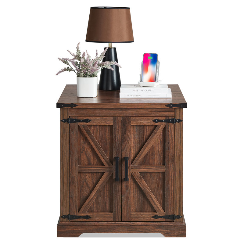 Jaimar 24"W Farmhouse Square End Table with Charging Station&Adjustable Storage Shelf, Brown, Brown