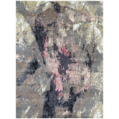 Tapis noué à la main en gris / noir / rose