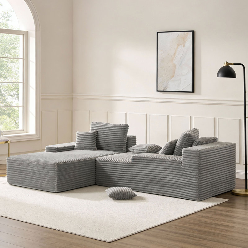 Très grand canapé-lit modulaire en flanelle de fourrure de lapin avec compression et sans oreiller, Gris clair