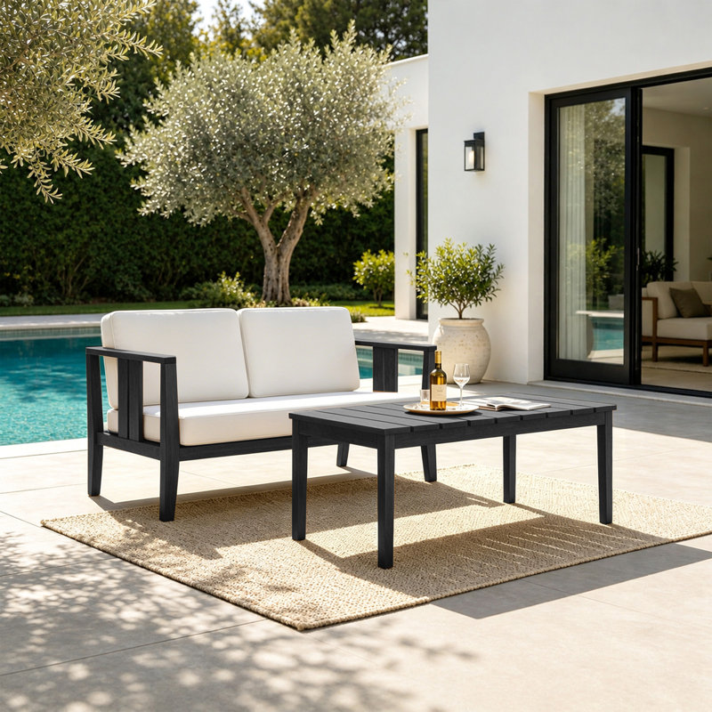 Ensemble de patio d'extérieur pour deux personnes en teck avec coussins et table basse Junco, Beige, Noir
