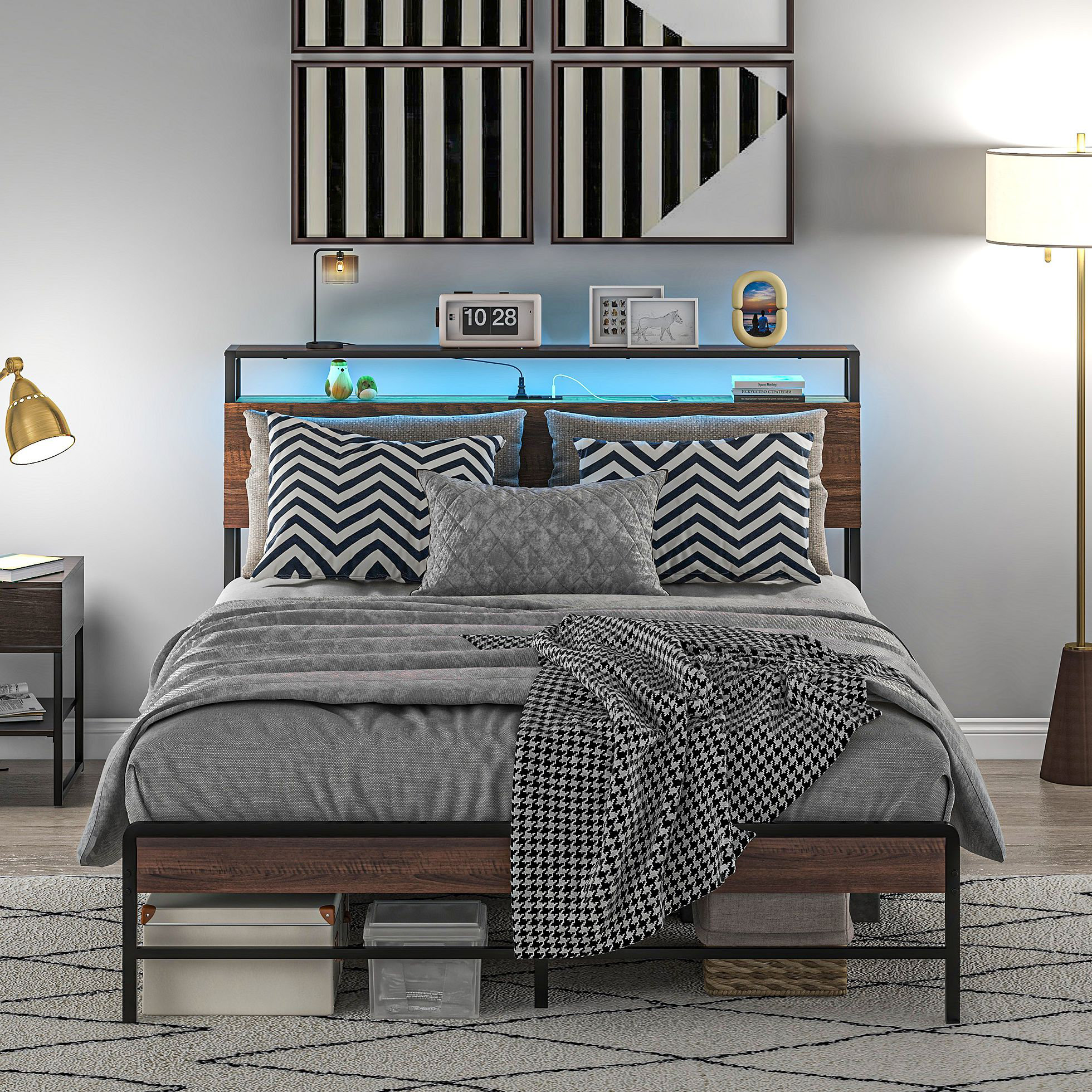 17 Stories Bed Frame with Headboard Platform Bed Frame with LED Lights ...