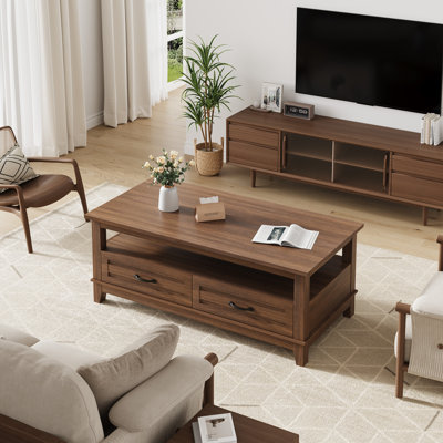 Rustic Farmhouse Coffee Table with Drawers & Open Shelf - 47 Inch Rectangle Wood Center Table - Easy Assembly - Brown