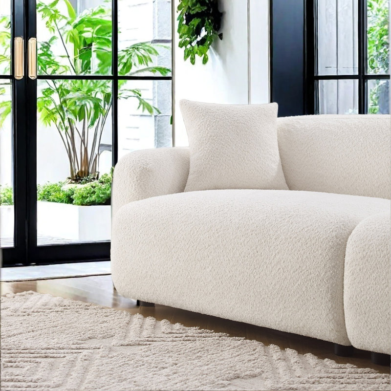 90 " Polyester Modern 3-Seater Sofa Couch with Pillows, Boucle Sofa with Round Armrest for Livingroom and Bedroom