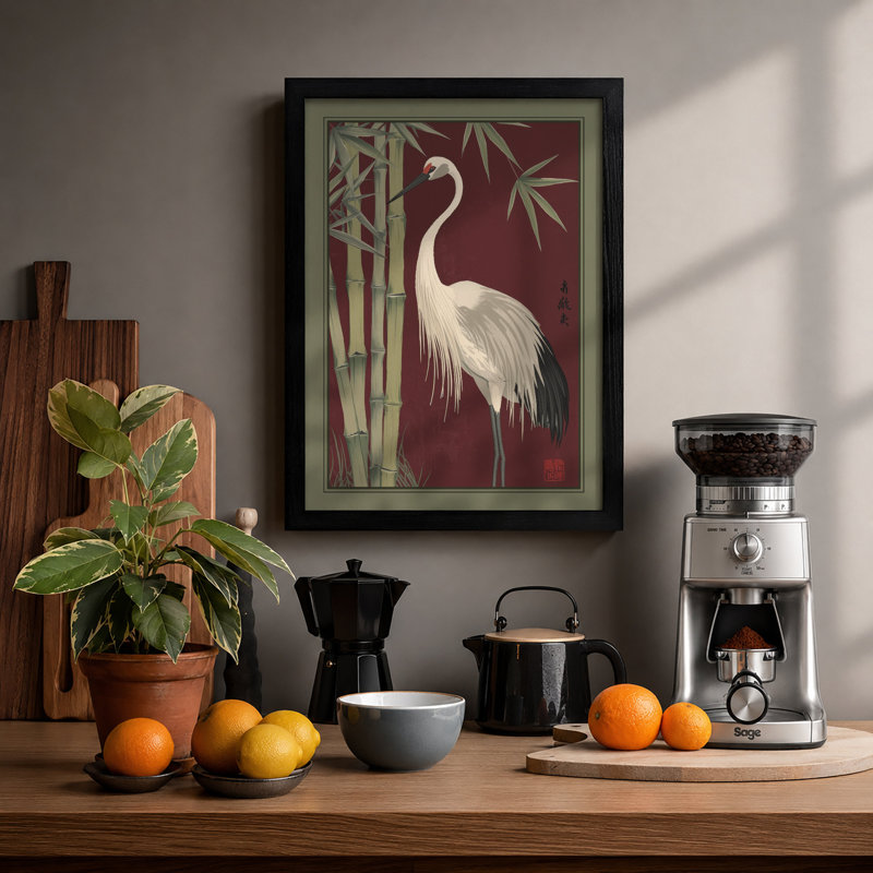 Crane Among Bamboo Japandi - Framed Print, A1 - 84.1 x 59.4 cm, Black