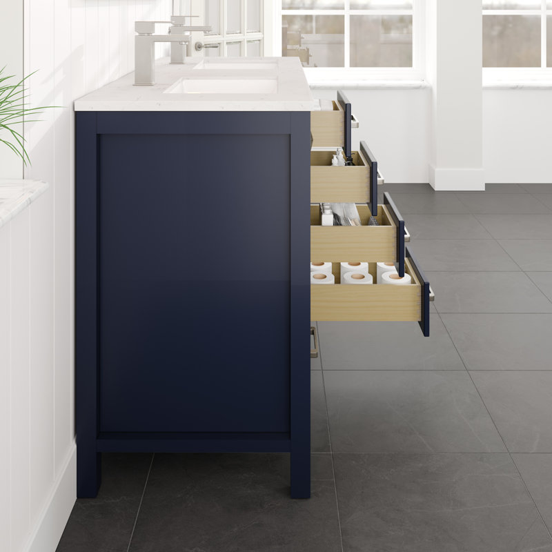 London 54" Blue Solid Wood Double Sink Bathroom Vanity with Quartz Top