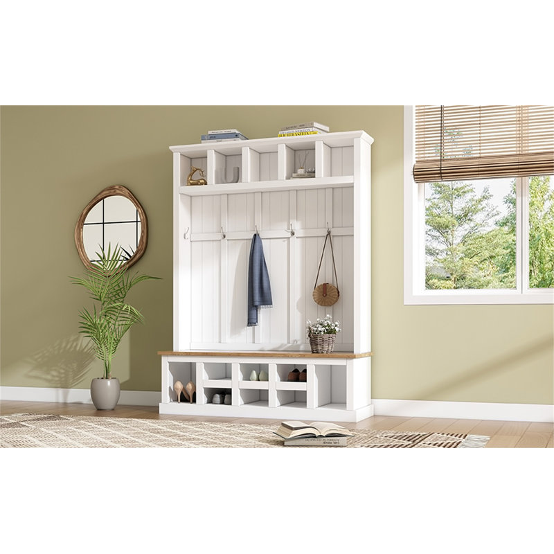 Farmhouse Wooden Style 78''H Modern Hall Tree With Wide Storage Seating Bench