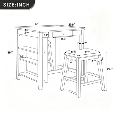 Ensemble de table de bar de 36 po de hauteur avec prise de courant, table basse industrielle avec 2 tabourets rembourrés, ensemble de 3 tables de bar et chaises pour le salon, la salle à manger, brun