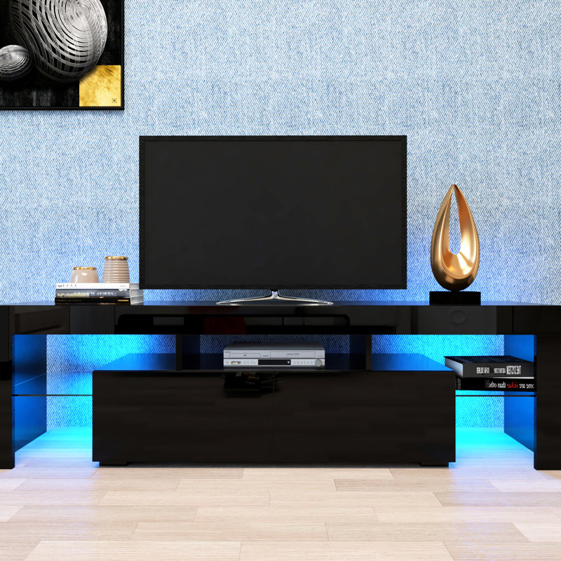 Meuble télé noir moderne de 60 à 69 pouces avec 20 lumières à DEL et option de télécommande compatible avec 20 couleurs