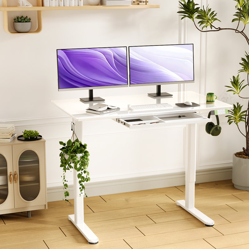Omeed Home Office Tempered Glass Standing Desk with Drawer and Hooks, White, 46.4" H x 48" W x 24" D