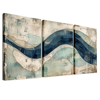 Ensemble de 3 toiles bleues et bleu sarcelle sur fond texturé beige