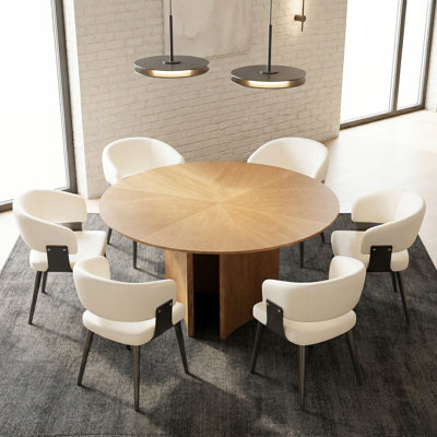 Ensemble de table de salle à manger moderne 59,05 po et 6 chaises rembourrées - Base de piédestal sculpturale - Noyer / crème