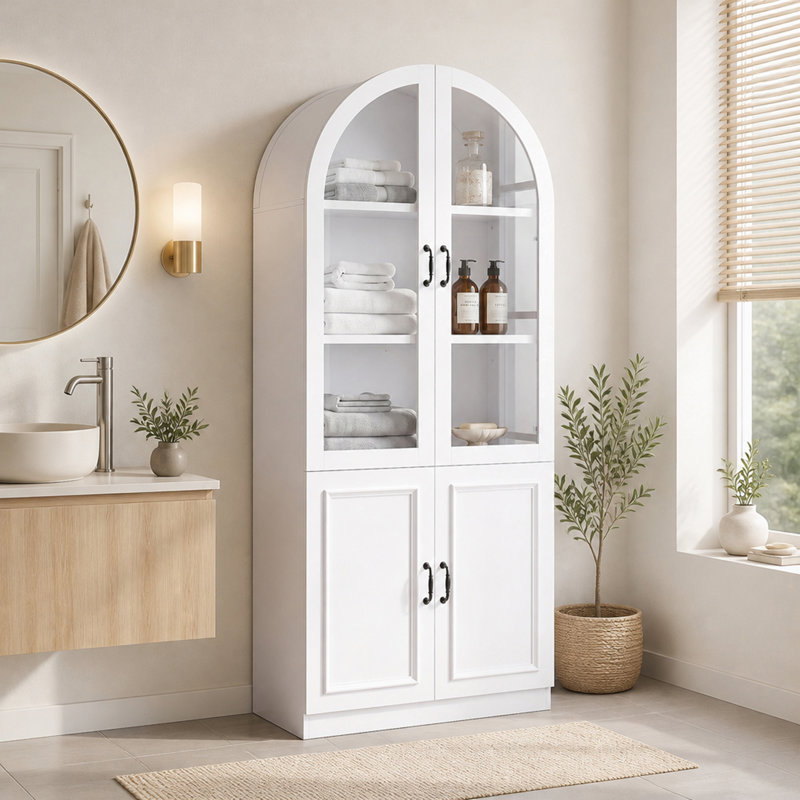 Armoire de salle de bain autoportante à dessus arqué avec portes et tablettes réglables