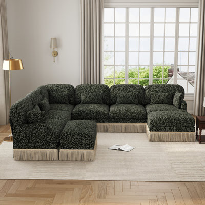 6-Seat Leopard-Print Chenille Modular Sectional Sofa with 2 Ottomans, Pillows and Tassel Skirt