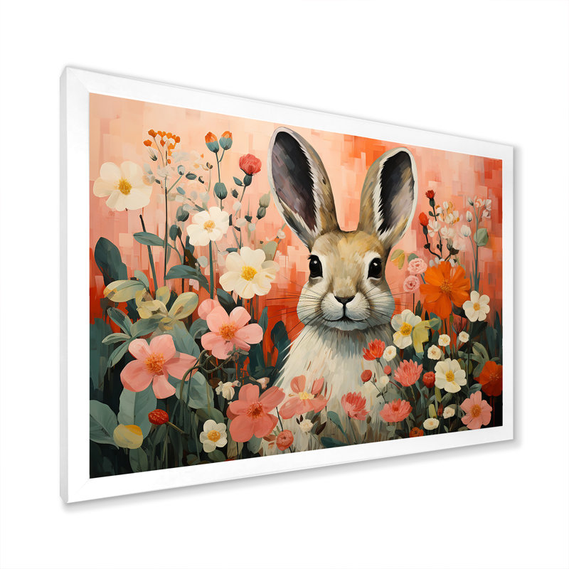 Art de mur de lapin rose, Cadre de coin blanc fermé, H 16 po x l 32 po x P 1 po