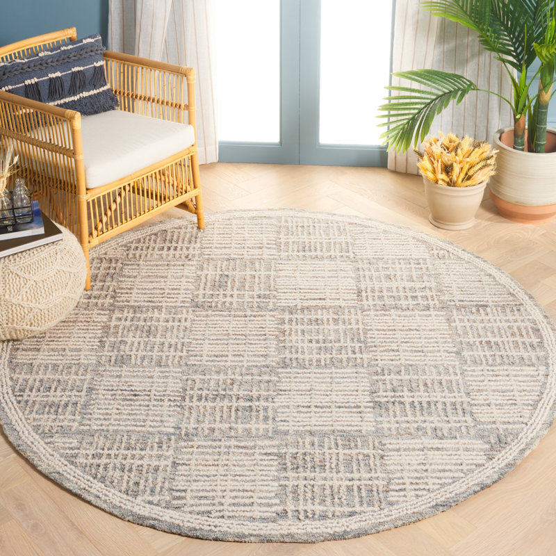 Wenee Abstract Hand Tufted Wool Cotton Geometric Rug in Dark Gray/Ivory, Round 6'