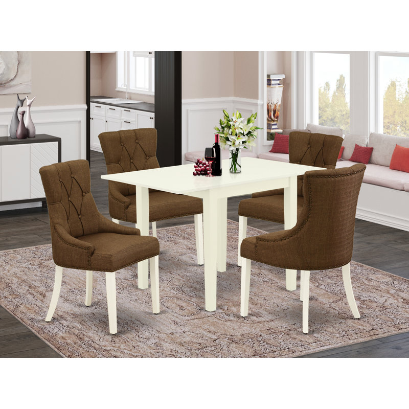 L'ensemble de mobilier de salle à manger 5 pièces comprend une table de salle à manger rectangulaire avec Dropleaf et 4 chaises Parsons en tissu brun, lin blanc