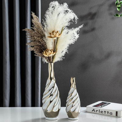 Ensemble de 2 vases en céramique, blancs et argentés, décor moderne pour le salon, fleurs séchées