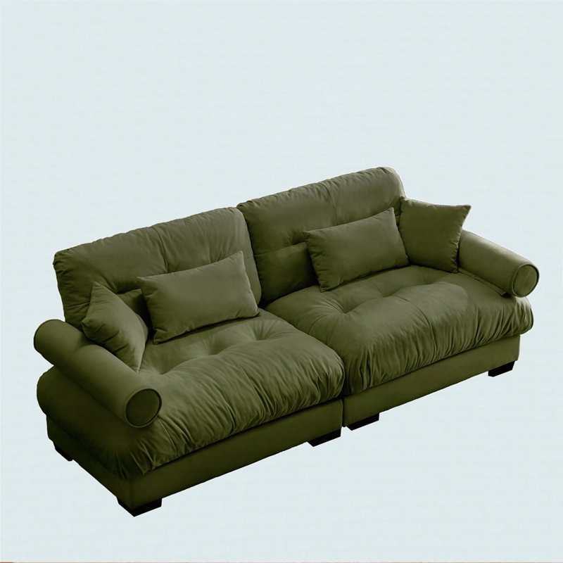 Modern Two-Seater Sofa With Bolstered Armrests, Velvet 2-Seater Sofa With Waist Pillows And Throw Pillows, Olive Green