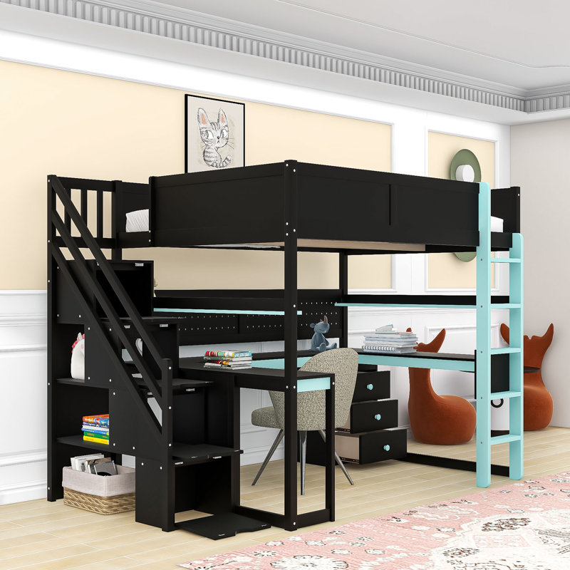 Wooden Loft Bed with Built-in Desk and Storage Stairs, Full, Black/Blue