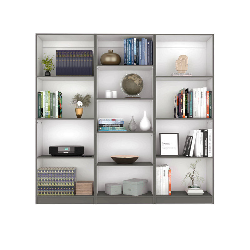 Ensemble de bibliothèque 3 pièces, avec 13 tablettes, ensemble de salon, Blanc / Gris