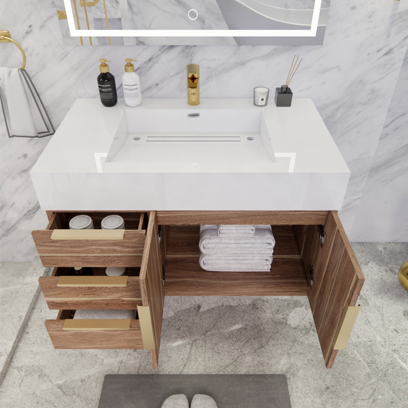 Meuble-lavabo mural simple l 35,4 po x P 19,5 po x H 19,75 po Richey, Blanc, Chêne blanc