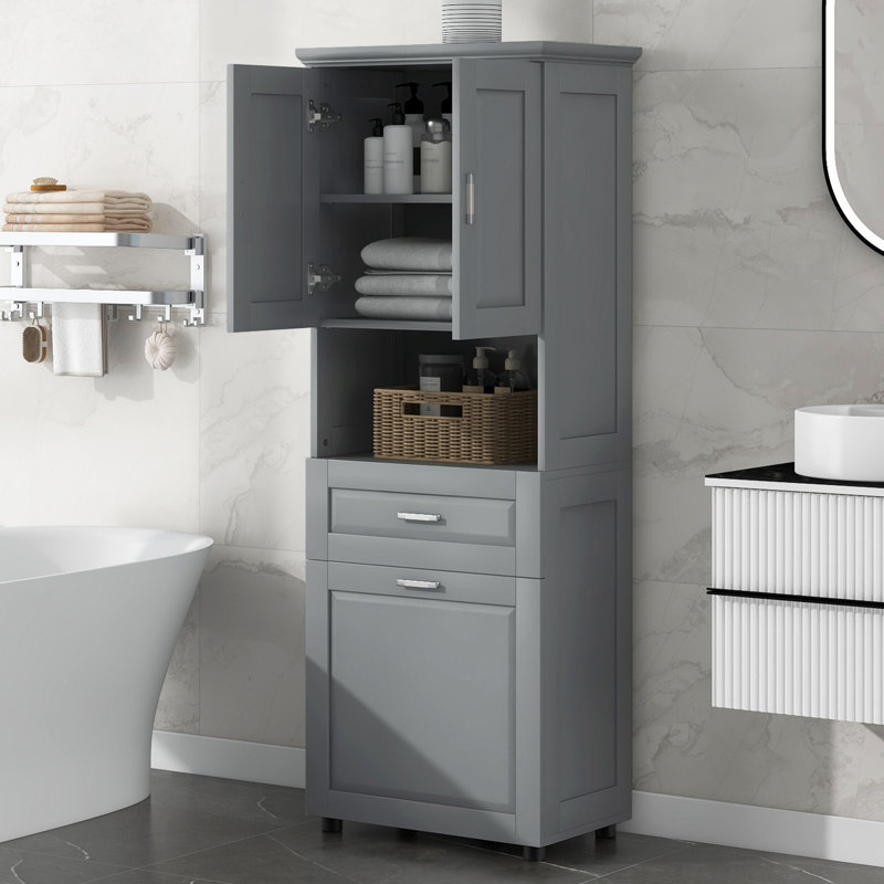 Tall Bathroom Cabinet With Laundry Basket And Drawer, Grey