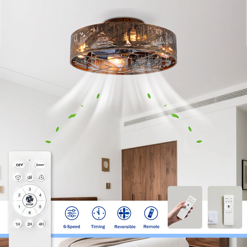 20" Caged Flush Mount Ceiling Fans With Lights Kit And Remote