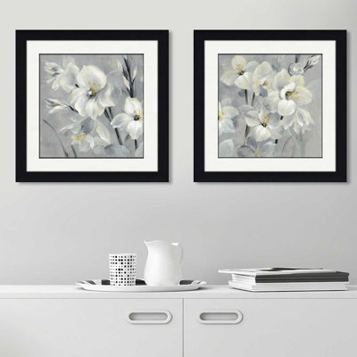 «Flowers on Gray», ensemble de 2 reproductions de peintures à l'acrylique encadrées