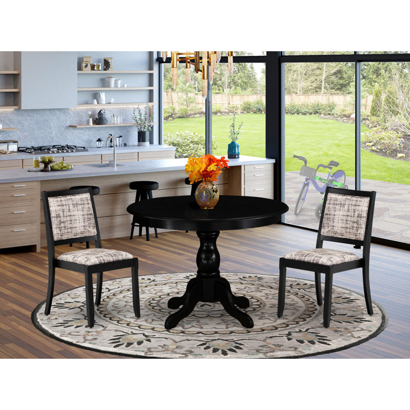 3-piece Kitchen Table Set includes a Round Table and 2 Texture stackable Chair, White/Gray Pattern, Black