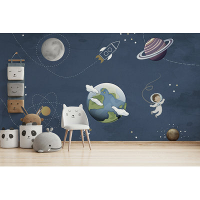 Papier peint marine avec planètes et fusées