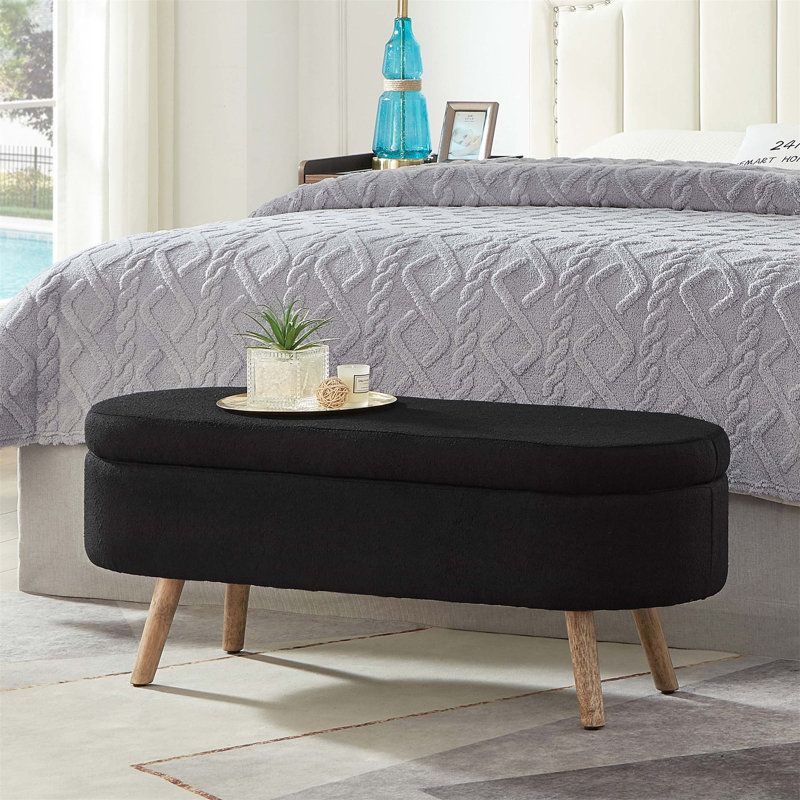 Luxury Oval Boucle Storage Ottoman Bench With Wood Legs, 350Lb Capacity & Safety Hinge For Versatile Use, Black
