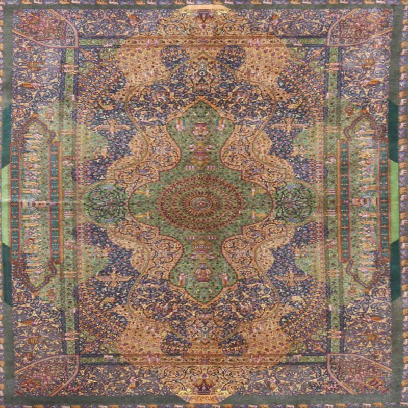 Tapis vert / orange / mauve en laine / polyester tissé à la machine, Carré 6 pi