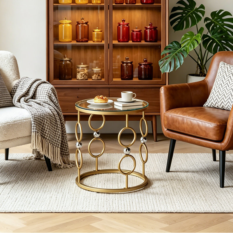 Glass End Table Set of 2, Round Side Table with Metal Frame for Living Room, Balcony, Bedroom