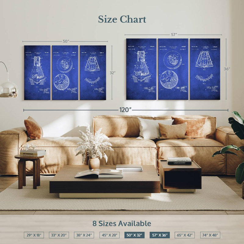 Génie et machines Blueprints Space Capsule, brevet bleu sur toile, ensemble de 3 pièces, H 32 po x l 50 po
