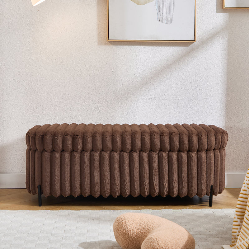 Faux Fur Flip Top Storage Bench with Black Metal Legs, Brown, 21.04" H x 49.58" W x 15.14" D