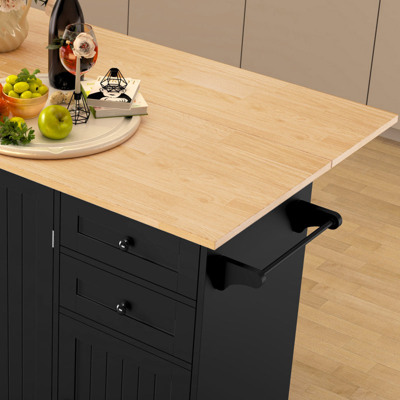 Chariot pour îlot de cuisine roulant 50,9 po avec comptoir pliable en bois à abattants, armoires de rangement, tiroir, support à épices latéral et roulettes verrouillables, îlot de cuisine mobile