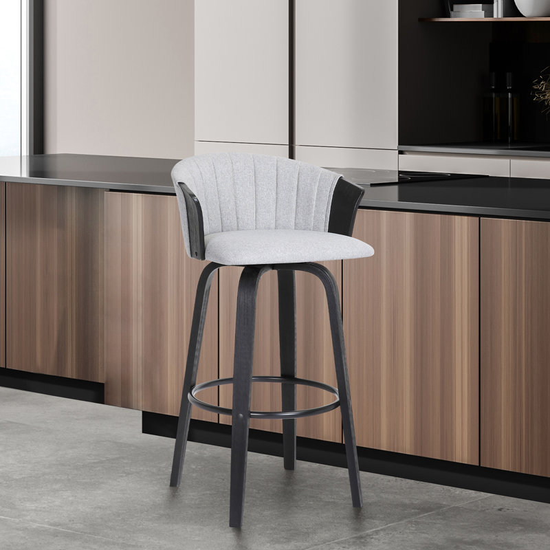 Boeschen Swivel Counter or Bar Height Upholstered Bar Stool with Arms and Footrest in Wood, Bar Stool (30” Seat Height)