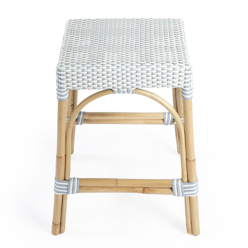 Tabouret de comptoir / de bar Lennart, Blanc / bleu ciel / cadre en rotin naturel