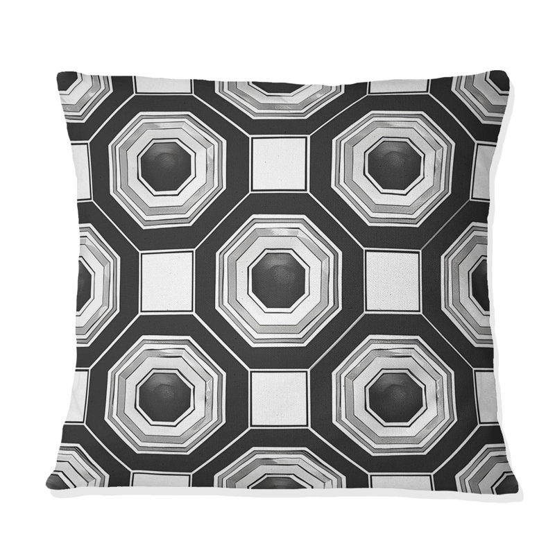 Coussin noir et blanc Hexagon IV - Mid-Century, H 16 po x l 16 po