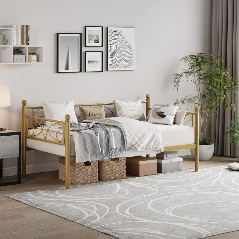 Lit de jour simple avec lit gigogne, tête de lit à motif floral, canapé-lit en métal pour chambre d'amis, doré, Doré