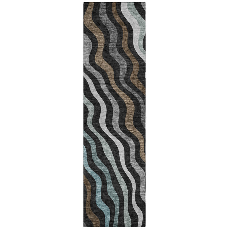Machine Washable Indoor/Outdoor Chantille ACN2570 Abstract Rug, Runner 2'3" x 7'6", Black