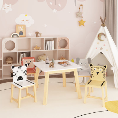 Versatile Kids Dining Set Solid Wood Cartoon Animal Design Play & Study