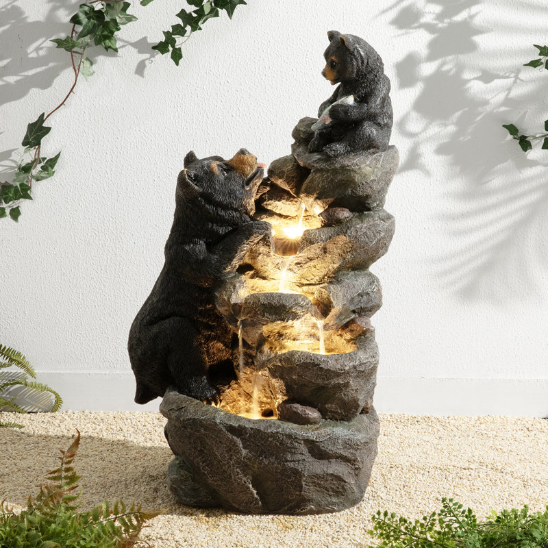 30.5"H 4-Tiered Mom And Baby Bear Polyresin Outdoor Fountain With Pump And LED Light (KD)