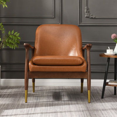 Chaise d'appoint de style Mid-Century moderne: assise de 29,2 po avec revêtement en similicuir, assise rembourrée, structure en bois massif, pieds à extrémités en laiton, choix écologiques, prix à plusieurs niveaux