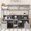 Lit mezzanine simple avec tablettes de rangement, tiroirs, siège et bureau-875556714