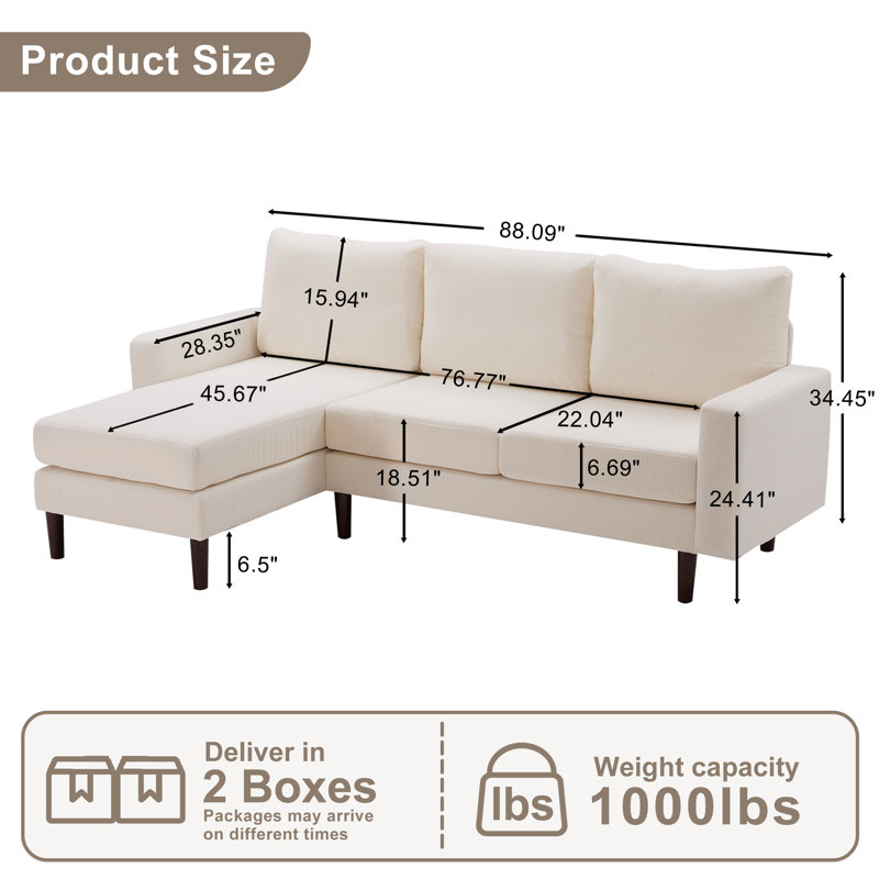 Canapé modulaire en L 88,09 po en L , Velours côtelé beige