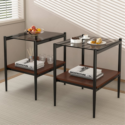 Ensemble de 2 tables de bout rectangulaires, plateau en verre trempé avec panneau de fibres à densité moyenne, table moderne pour le salon, verre gris