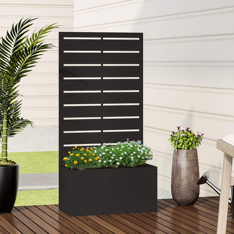 Boîte à fleurs d'extérieur individuelle en métal rectangulaire avec treillis pour plantes grimpantes, Noir