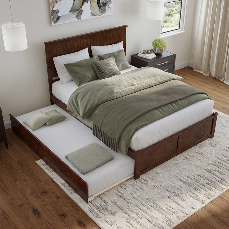 Nantucket Solid Wood Platform Bed with Panel Footboard and Trundle, Queen, Walnut