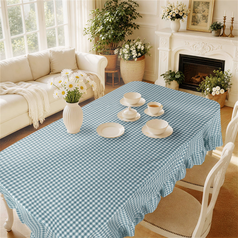 100% Cotton Plaid Tablecloth With Ruffled Edge, Blue, 120" L x 60" W